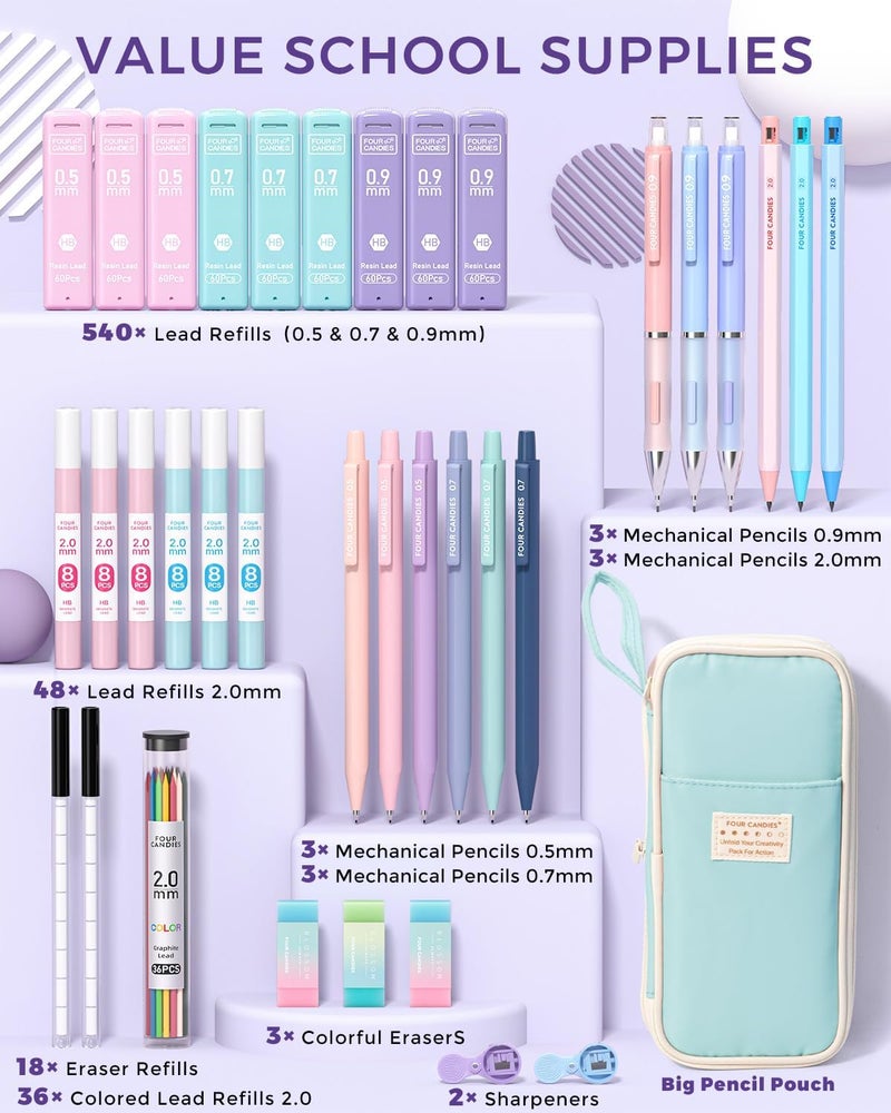 Four Candies 36PCS Aesthetic School Supplies, Mechanical Pencil Set 0.5mm, 0.7mm, 0.9mm & 2.0mm with 624 Lead Refills, Back to School Supplies for Writing & Drawing, Ideal Stationary Set Gift (Blue) - Image 5